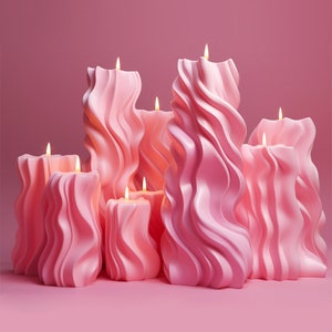 May include: A group of seven pink, wavy candles with a textured surface. The candles are lit and have a warm glow.
