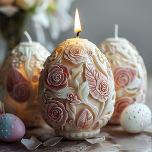 Könnte beinhalten: Drei dekorative kerzenförmige Eier mit aufwendigen Blumendesigns. Die mittlere Kerze ist angezündet und strahlt warm. Die Kerzen sind in einem zarten Rosa und Weiß gehalten.