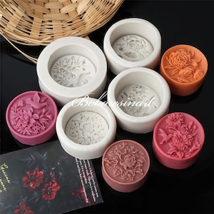 4 Styles Round Soap Silicone Mold-Flower Bird Soap Mold-Peony Flower Soap Mold-Flower Pattern Soap Mold-DIY Aromatherapy Soap Mold