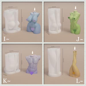 May include: Four silicone molds for making candles in the shape of a human body. The molds are white and are shown with candles in various colors, including light blue, green, and yellow. The molds are labeled with letters I, J, K, and L.