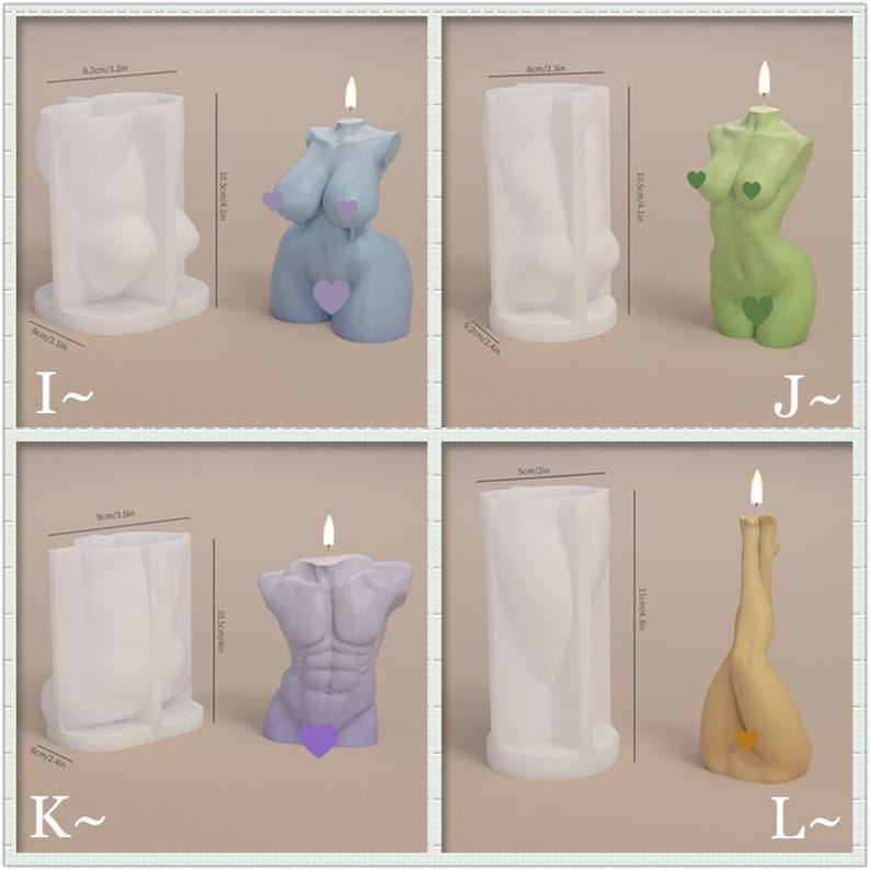 May include: Four silicone molds for making candles in the shape of a human body. The molds are white and are shown with candles in various colors, including light blue, green, and yellow. The molds are labeled with letters I, J, K, and L.