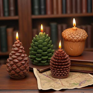 Peut inclure: Quatre bougies décoratives en forme de pommes de pin et d'un gland. Les bougies sont de différentes nuances de marron et de vert, avec des flammes allumées. Elles sont disposées sur une surface en bois, avec une carte et des livres en arrière-plan.