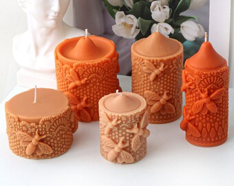 5 Styles Bee Pillar Candle Silicone Mold-Bee Honeycomb Candle Mold-Embossed Pillar Candle Mold-Beeswax Candle Mold-Aroma Candle Soap Mold