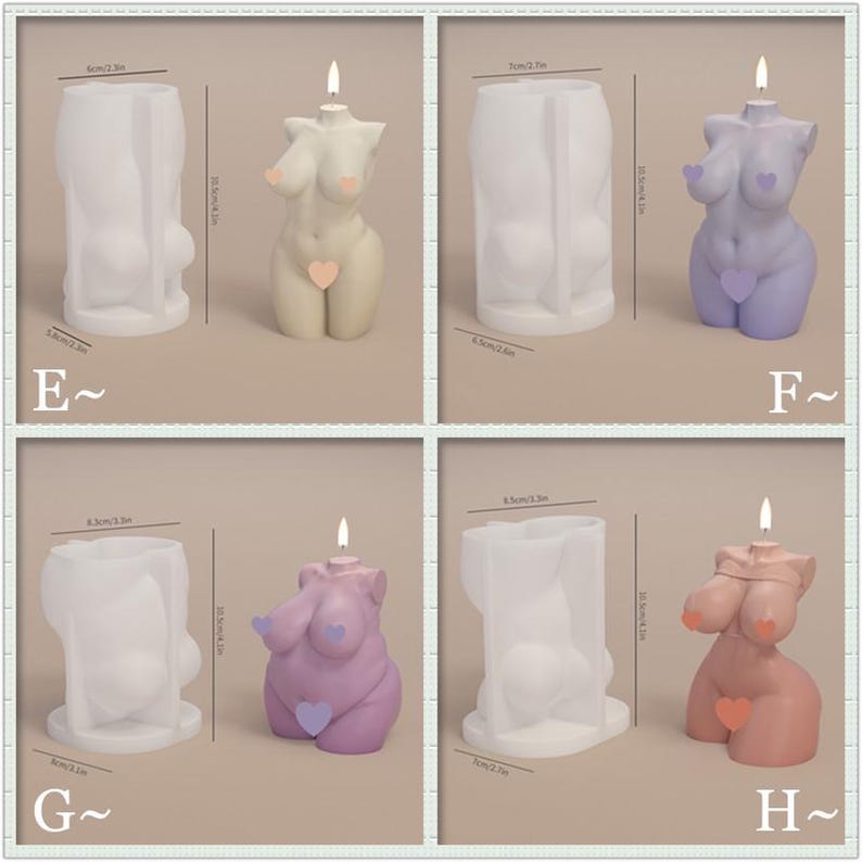 May include: Four silicone molds for making candles in the shape of a female torso. The molds are 6.5 inches tall and 2.3 inches wide. The molds are white, light pink, light purple, and light beige. The molds are labeled E, F, G, and H.