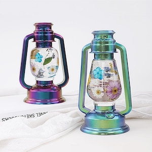 Könnte beinhalten: Zwei schillernde Laternen mit transparenten Glaskugeln, die mit getrockneten Blumen gefüllt sind. Die Laternen haben einen Griff und einen Sockel in Lila-, Blau- und Grüntönen. Die Blumen umfassen Gänseblümchen, blaue Blüten und lila Blumen.