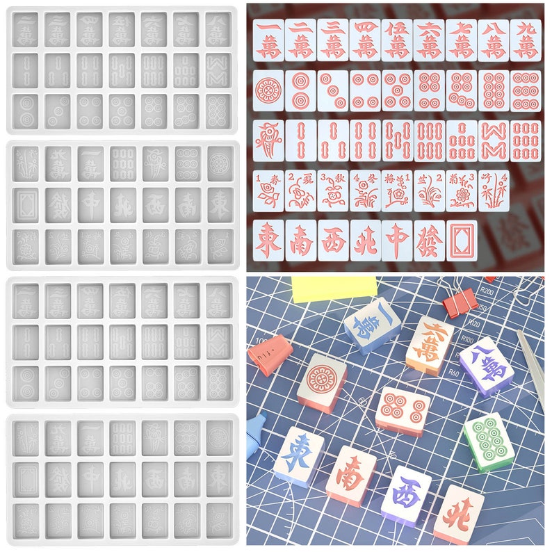 May include: A set of three white silicone moulds for making mahjong tiles. The moulds are filled with a light grey material and have the Chinese characters for the different tiles etched into them. The image also shows a set of mahjong tiles with various symbols and numbers.