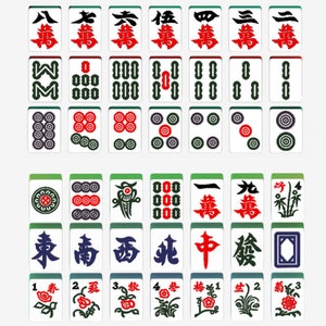 May include: A set of 34 mahjong tiles with various symbols and numbers. The tiles are white with green borders and feature red, black, and blue characters and designs. The tiles include numbers 1 through 9, wind symbols, dragon symbols, and circle symbols.