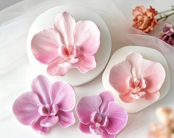 May include: Close-up of several orchid flowers in shades of pink and purple. Two flowers are on white circular platforms, while two others are lying flat. The petals have detailed veining, and the overall effect is delicate and realistic.