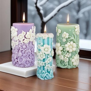 Flower Pillar Candle Silicone Mold-Spring Flower Candle Mold-Embossed Cylinder Candle Mold-Aesthetic Art Candle Mold-Soy Wax Candle Mold