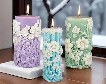 Flower Pillar Candle Silicone Mold-Spring Flower Candle Mold-Embossed Cylinder Candle Mold-Aesthetic Art Candle Mold-Soy Wax Candle Mold