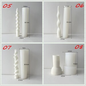 May include: Four sets of silicone candle molds, each with a different design. The molds are white and are shown with measurements in inches. The molds are for making candles in the shape of a spiral, a tall cylinder, a short cylinder, and a vase.