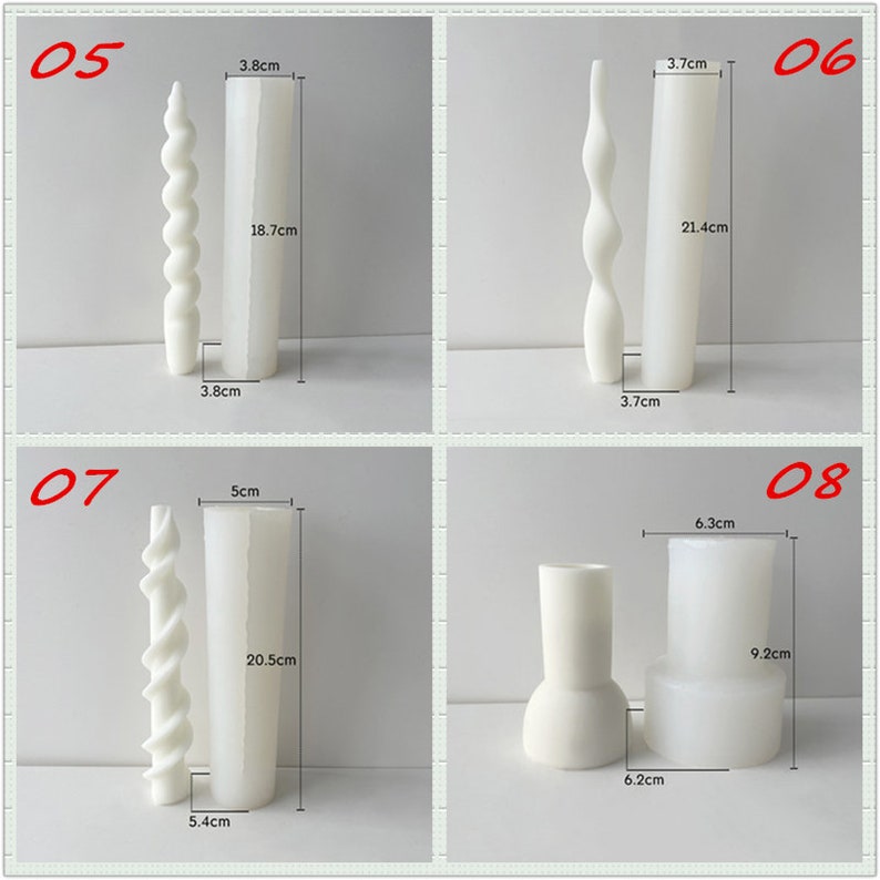 May include: Four sets of silicone candle molds, each with a different design. The molds are white and are shown with measurements in inches. The molds are for making candles in the shape of a spiral, a tall cylinder, a short cylinder, and a vase.