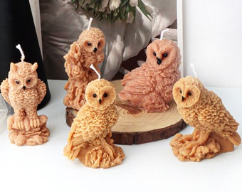 May include: Five brown owl-shaped candles with detailed feather patterns. The candles are arranged on a wooden surface.