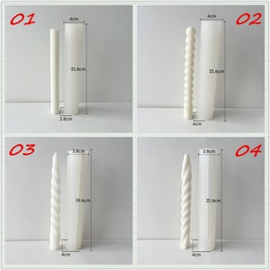 May include: Four silicone molds for making candles. The molds are white and are numbered 01 through 04. The molds are different shapes, including a column, a beaded design, a spiral, and a twisted design. The molds are 4 cm wide and range in height from 19.6 cm to 21.6 cm.