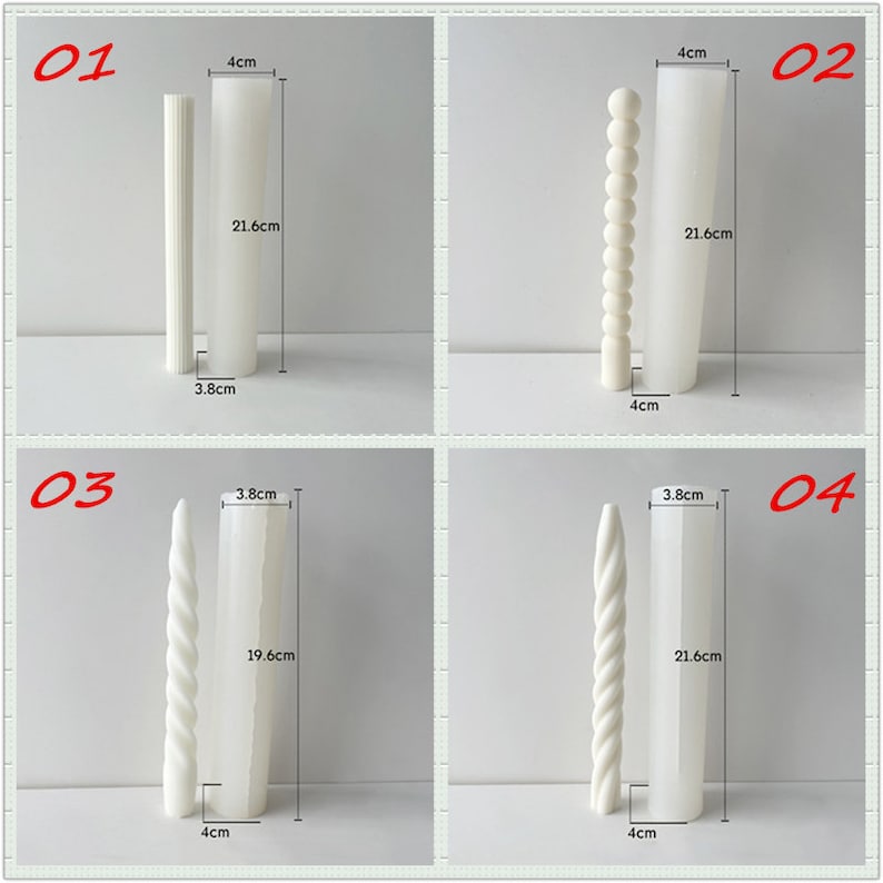 May include: Four silicone molds for making candles. The molds are white and are numbered 01 through 04. The molds are different shapes, including a column, a beaded design, a spiral, and a twisted design. The molds are 4 cm wide and range in height from 19.6 cm to 21.6 cm.