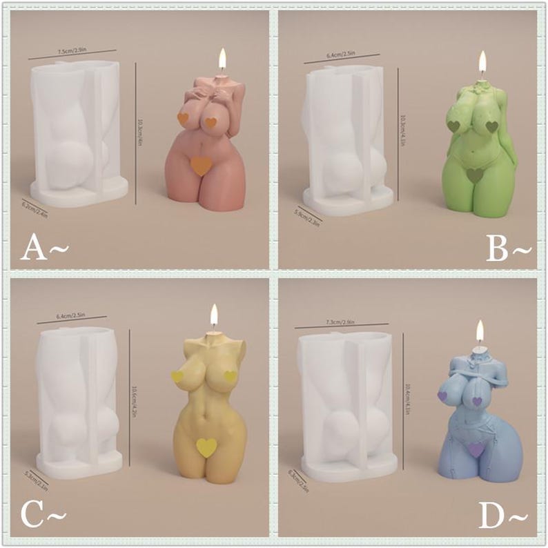 May include: Four silicone molds for making candles in the shape of a female body. The molds are 6.4cm x 2.5cm and 13.5cm x 2cm. The candles are pink, green, yellow, and blue.
