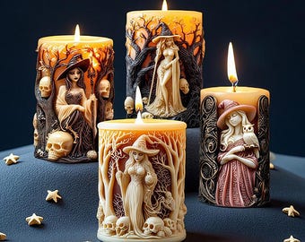 4 Styles Witch Candle Silicone Mold-Magic Witch Candle Mold-Witch Pillar Candle Mold-Halloween Witch Candle Mold-Scented Soy Candle Mold