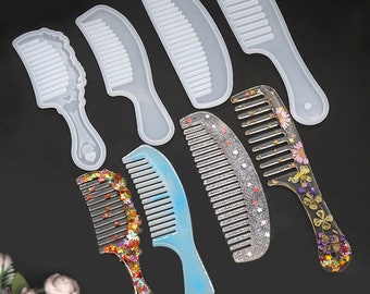 May include: Six clear silicone molds shaped like combs, with six finished resin combs in various colors and patterns, including glitter and pressed flowers.