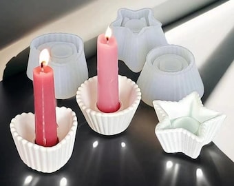 Striped Candle Holder Silicone Mold-Round Candlestick Resin Mold-Star Heart Candle Holder Mold-Concrete Cement Mold-Jesmonite Plaster Mold
