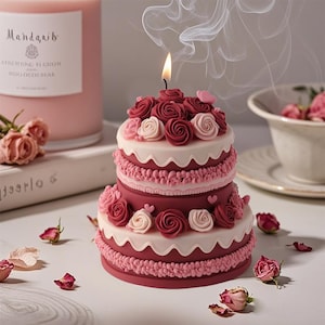 Puede incluir: Un pastel de tres pisos de color rosa y rojo con glaseado blanco y flores rosas y rojas. El pastel tiene una sola vela encendida en la parte superior y est&aacute; rodeado de rosas rosas y rojas.