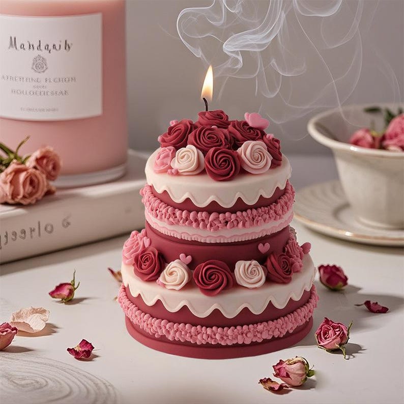 Puede incluir: Un pastel de tres pisos de color rosa y rojo con glaseado blanco y flores rosas y rojas. El pastel tiene una sola vela encendida en la parte superior y est&aacute; rodeado de rosas rosas y rojas.