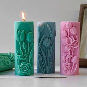 Cylinder Flower Candle Silicone Mold-Embossed Tulip Candle Mold-Aesthetic Candle Mold-Beeswax Pillar Candle Mold-Aromatherapy Plaster Mold