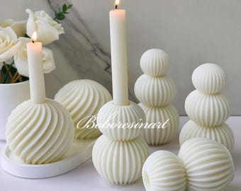 Geometric Ball Candle Silicone Mold-Round Ball Candle Mold-Taper Candle Holder Mold-Ribbed Pillar Candle Mold-DIY Aromatherapy Plaster Mold