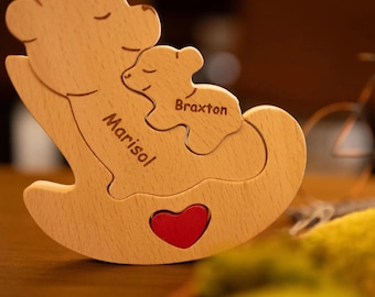Personalized Wooden Mommy Rolling Bear family Puzzle, Gift for mommy and Unique family puzzle, Baby cuddle Bear gift for Granny, new borns