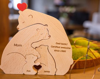 Personalized Wooden Bear Family Puzzle, Custom Family Name Animal Puzzle, Best Dad Ever, Christmas Gifts for Papa, Family, Father&#39;s Day gift