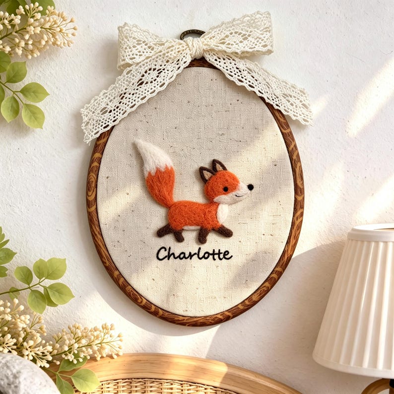 Peut inclure: D&eacute;coration murale brod&eacute;e ovale avec un renard orange et blanc et le nom "Charlotte". Le renard est plac&eacute; sur un tissu neutre, encadr&eacute; par un cerceau en bois et un n&oelig;ud en dentelle. Id&eacute;al pour une chambre d'enfant.