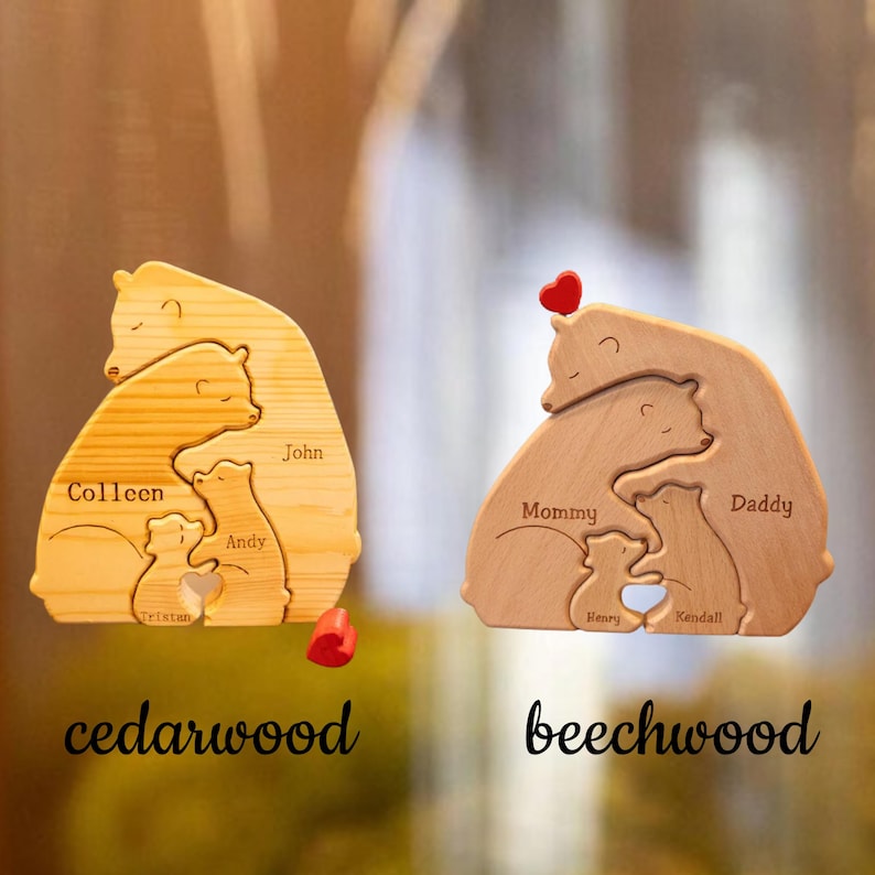May include: Two wooden bear family puzzles with personalized names. The left puzzle is made of cedarwood and the right puzzle is made of beechwood. Both puzzles feature a heart at the center.
