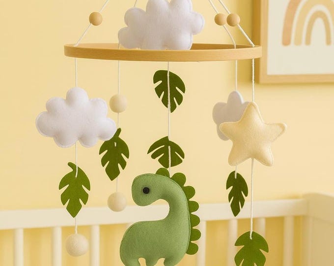Dinosaur mobile, dino nursery decor, personalized mobile with cute dinosaur, felt baby mobile, small baby mobile with clouds, baby mobile