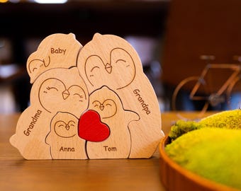 Rompecabezas de madera personalizado con forma de pingüino, rompecabezas con nombre de bebé, regalo para baby shower, regalo del Día del Padre para pareja, niños, amigos, diseño de animales en madera.