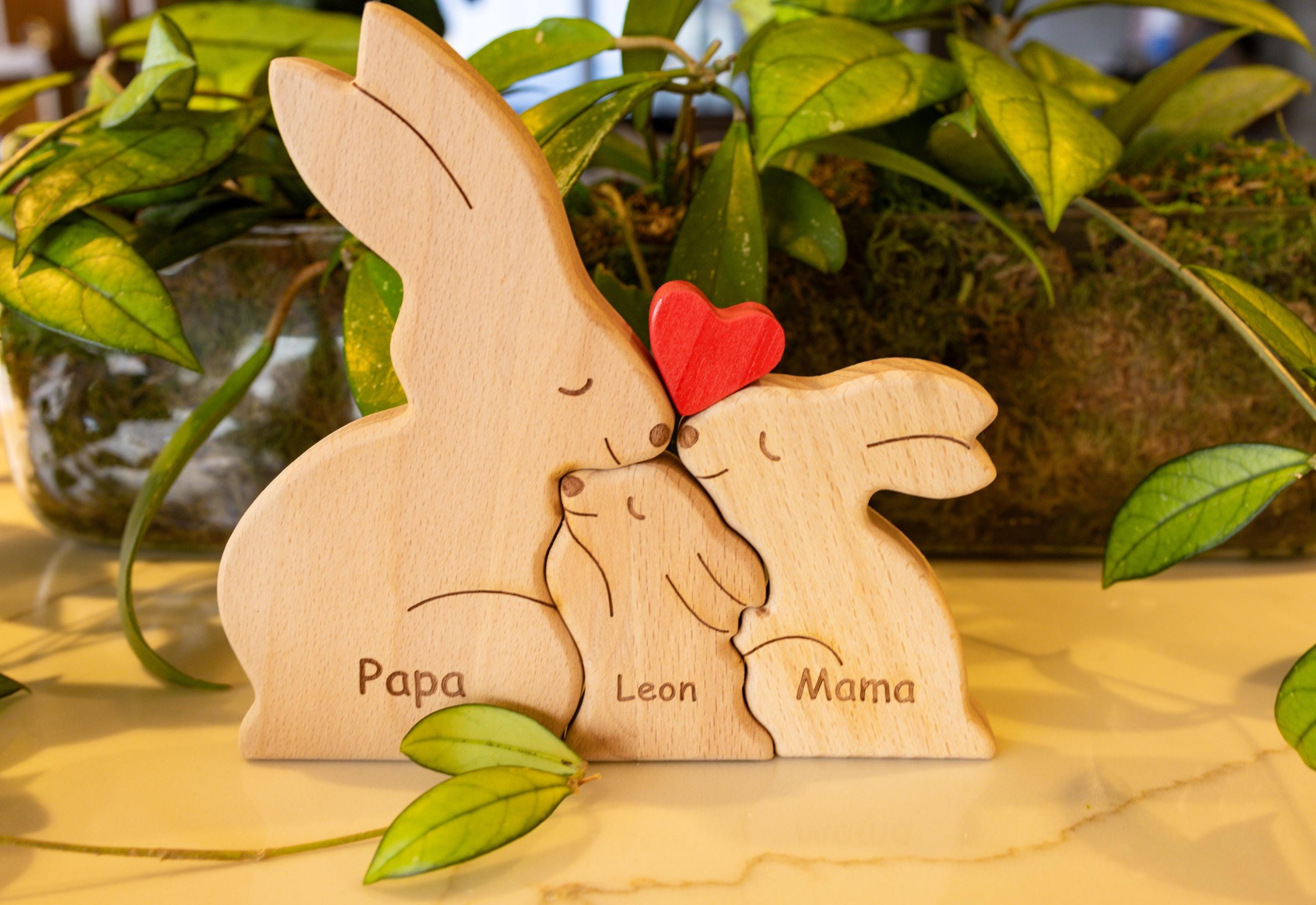 Personalisiertes Kaninchen-Familien-Puzzle Aus Holz | Mit 1-8 Namen | Tischdekoration & Geschenk Für Familie