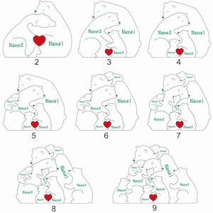 May include: A white polar bear family cutout with a red heart in the center. The cutout is divided into sections for names, with the names "Name 1", "Name 2", "Name 3", "Name 4", "Name 5", "Name 6", and "Name 7" written on the different sections. The cutout is a great way to personalize a gift for a family.