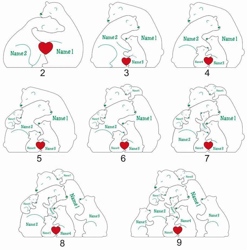 May include: A white polar bear family cutout with a red heart in the center. The cutout is divided into sections for names, with the names "Name 1", "Name 2", "Name 3", "Name 4", "Name 5", "Name 6", and "Name 7" written on the different sections. The cutout is a great way to personalize a gift for a family.