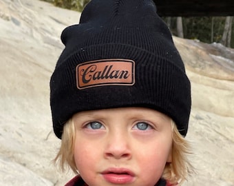 Custom Kids Leather Patch Beanie l Custom Name Toddler Beanie