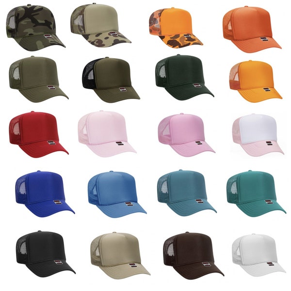 Casquettes de camionneur vierges Otto / Vente en gros de chapeaux de camionneur haut profil / Casquette en mousse / Réglable / SnapBack / Dos en filet 5 panneaux / Uni Sex / Adulte