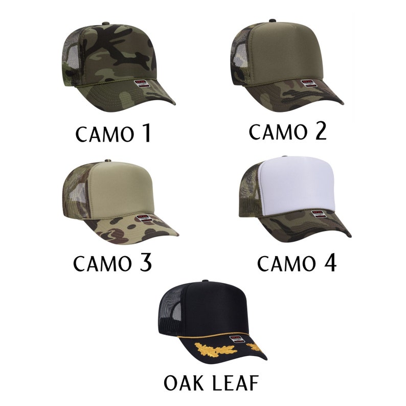 May include: Five trucker hats in different camouflage patterns and one black trucker hat with a gold oak leaf design. The hats are all mesh backed and have a flat brim.