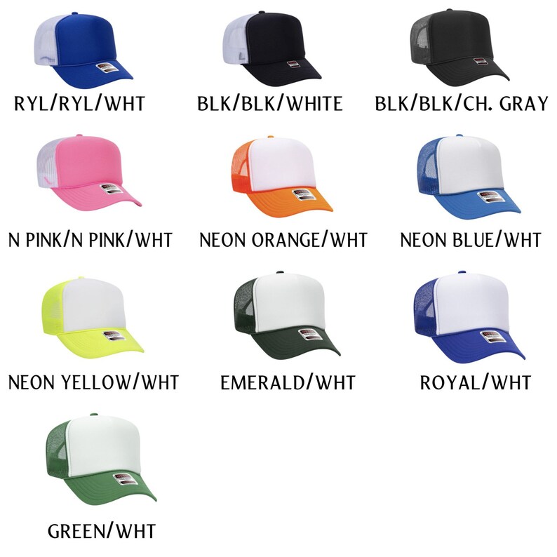 May include: A variety of trucker hats with different colored crowns and white mesh back panels. The hats are displayed on a white background with the color and name of each hat written below it.