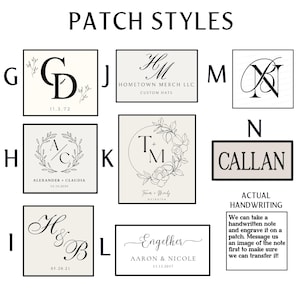 May include: An image showcasing various patch styles with different designs and text. The patches feature initials, names, and dates, with floral and decorative elements. The text "PATCH STYLES" is at the top, and there is information about custom handwriting.
