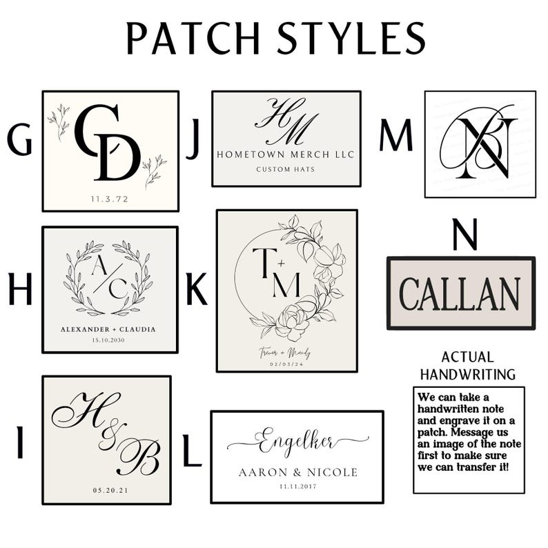 May include: An image showcasing various patch styles with different designs and text. The patches feature initials, names, and dates, with floral and decorative elements. The text "PATCH STYLES" is at the top, and there is information about custom handwriting.