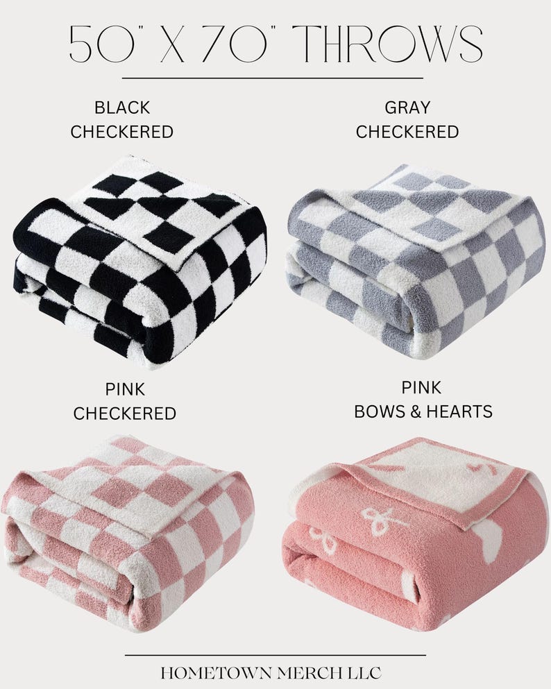 May include: Four folded throws, each measuring 50" x 70". The throws are in black and white checkered, gray and white checkered, pink and white checkered, and pink with bows and hearts designs. The text "50" X 70" THROWS" is at the top.