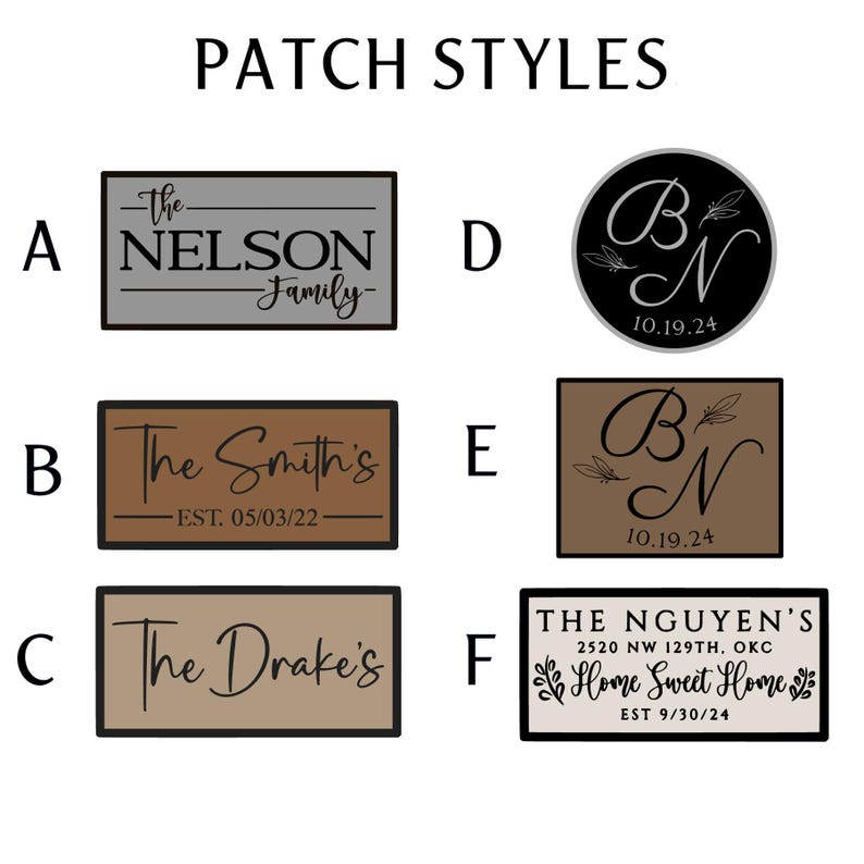 May include: Image showcasing various patch styles with text. Rectangular patches feature family names like "The Nelson Family" and "The Smith's". Other patches are circular or rectangular with initials, dates, and phrases like "Home Sweet Home".