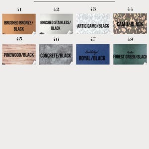 May include: Image showcasing a color chart with various patch options. The chart includes options like "Brushed Bronze/Black," "Brushed Stainless/Black," "Artic Camo/Black," and "Camo/Black." Other options are "Pinewood/Black," "Concrete/Black," "Royal/Black," and "Forest Green/Black." The text "Patch Colors" is at the top.