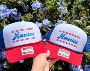 America Trucker Hat – Red White Blue USA Foam Hat – Patriotic Hat for 4th of July – Retro Vintage American Hat – Men’s or Women’s Cap