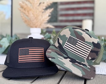 Kids American Flag Snapback Hat: Vegan Leather Patch