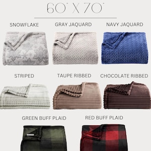 May include: Collection of oversized throws, 60" x 70", in various colors and patterns. Includes snowflake, gray jaquard, navy jaquard, striped, taupe ribbed, chocolate ribbed, green buff plaid, and red buff plaid designs.