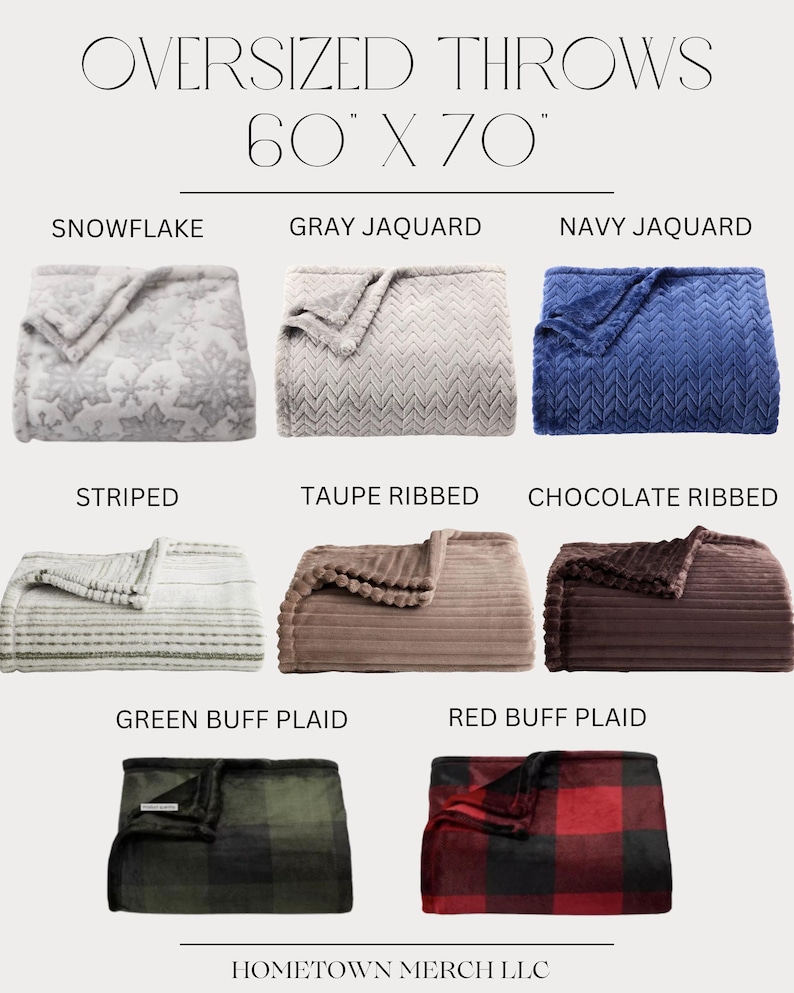 May include: Collection of oversized throws, 60" x 70", in various colors and patterns. Includes snowflake, gray jaquard, navy jaquard, striped, taupe ribbed, chocolate ribbed, green buff plaid, and red buff plaid designs.