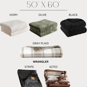 May include: A display of folded throws in various colors and patterns. The throws are labeled "Ivory," "Olive," and "Black," with additional styles including "Gray Plaid," "Stripe," and "Aztec." Each throw measures 50" x 60". The brand name "Hometown Merch LLC" is also visible.